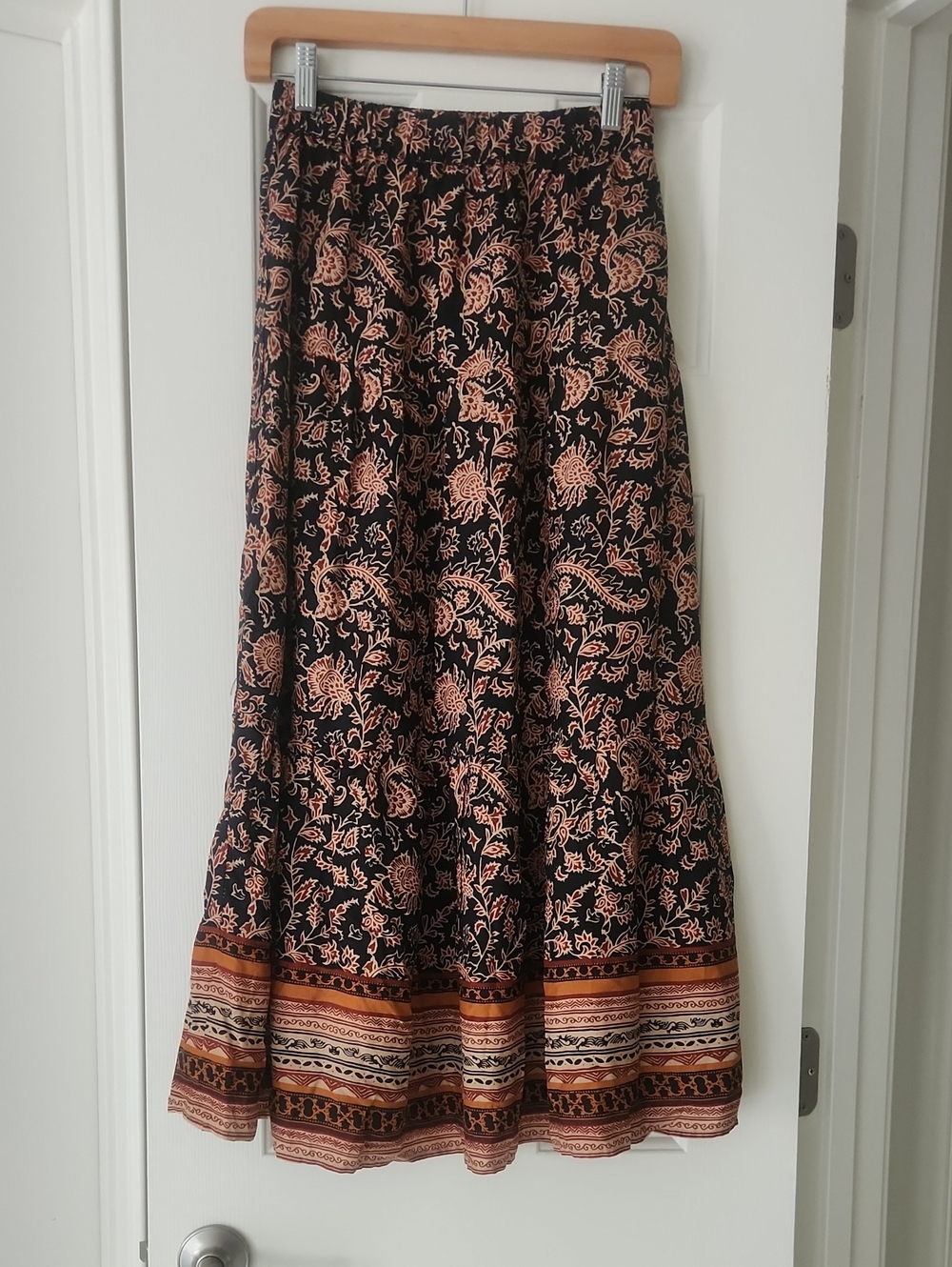 Black Maxi Skirt with Rust Floral Print and Patterned Hem